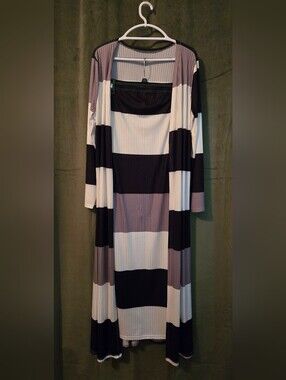Striped Long Sleeve Maxi Skirt With Matching Coat in Black, White & Gray